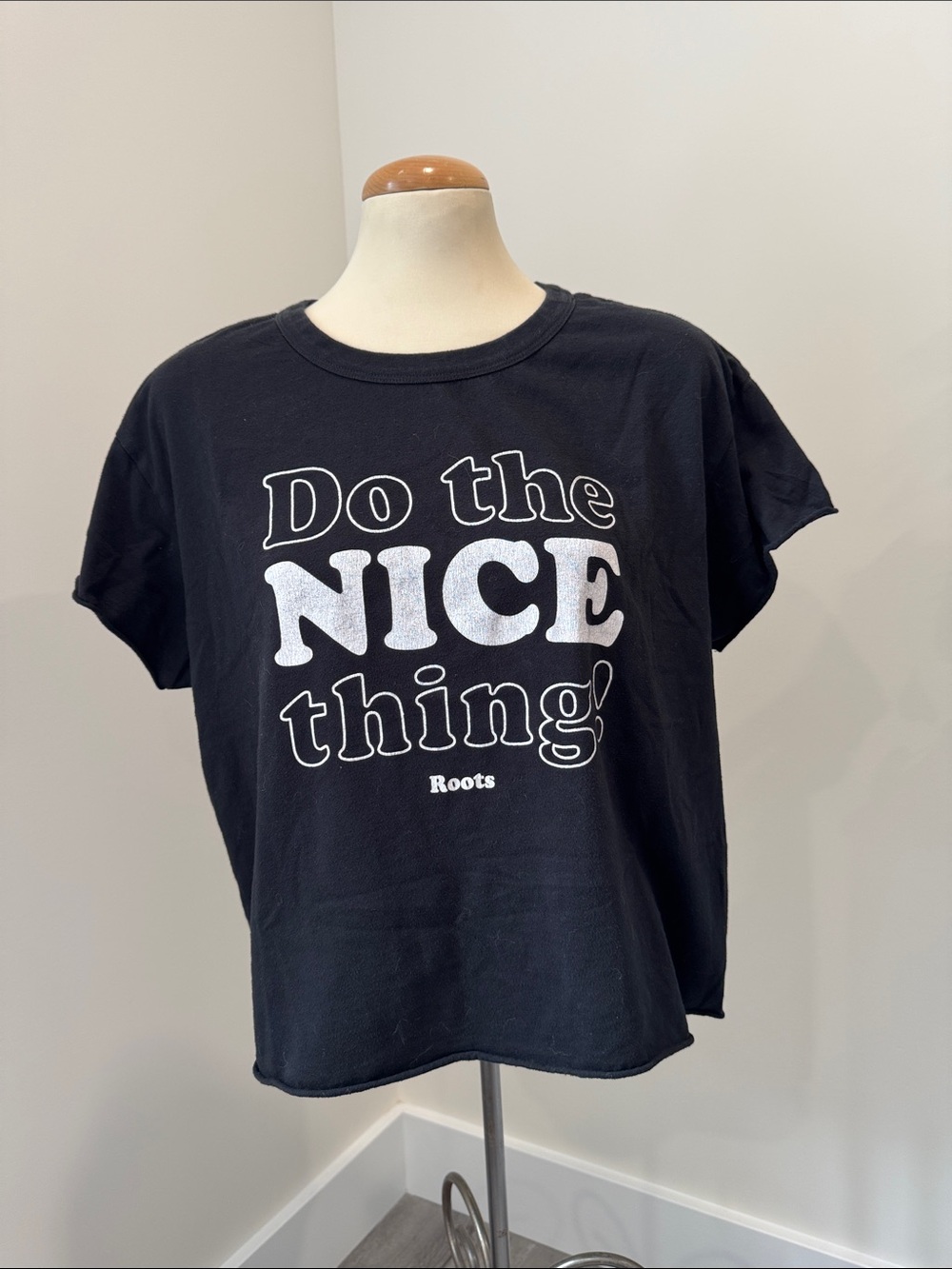 Roots Black Tee with White 'Do the NICE thing!' Graphic